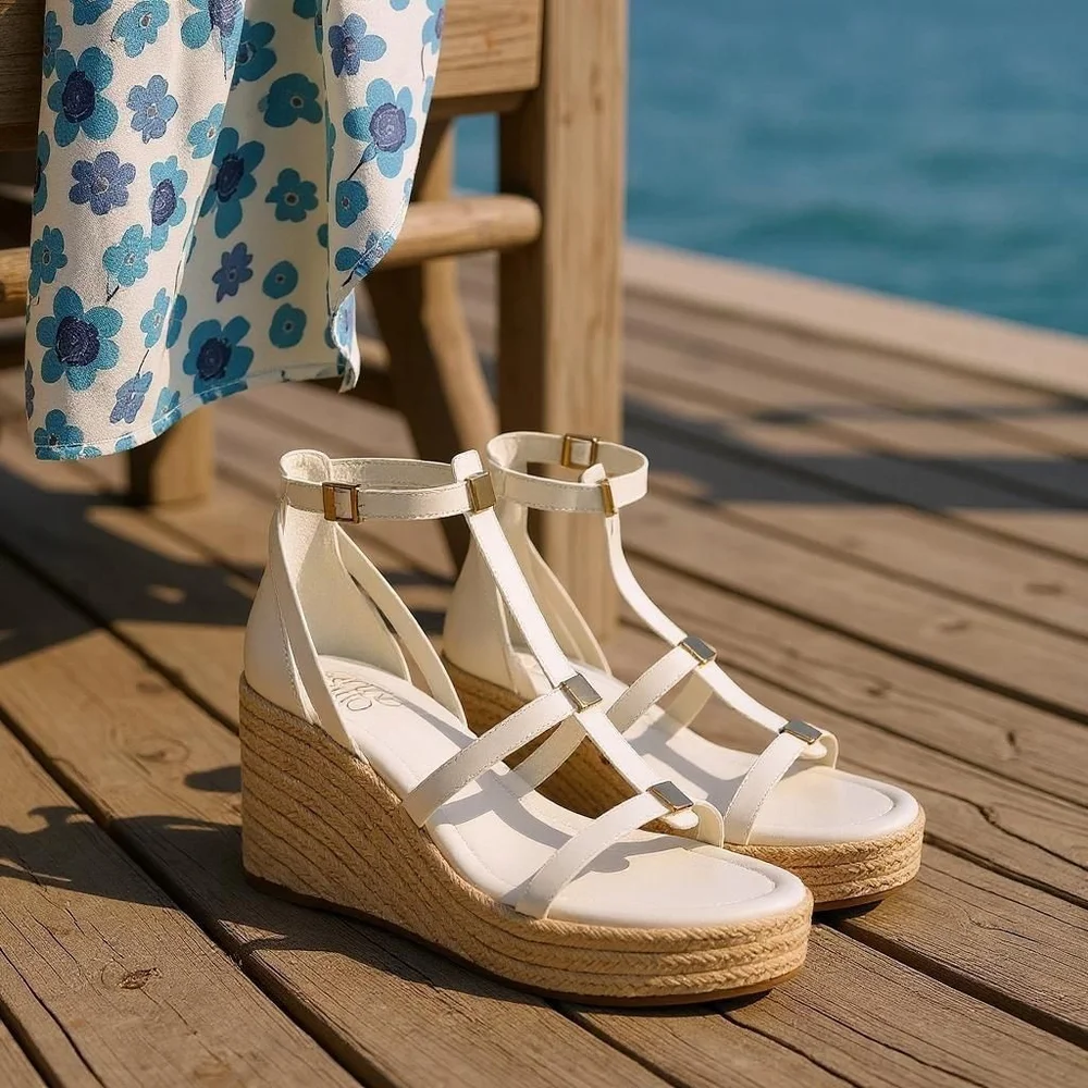 Franco Sarto Studded Caged Strap Espadrille Platform Wedge Sandal Size 9 M WHITE